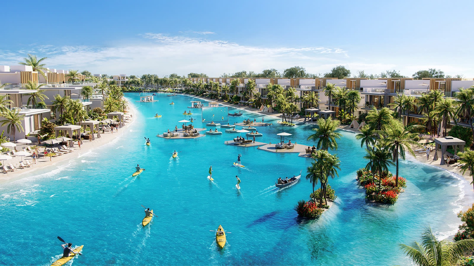 DAMAC Islands turquoise swimmable lagoon with kayaks, floating cabanas and townhouses, Dubailand
