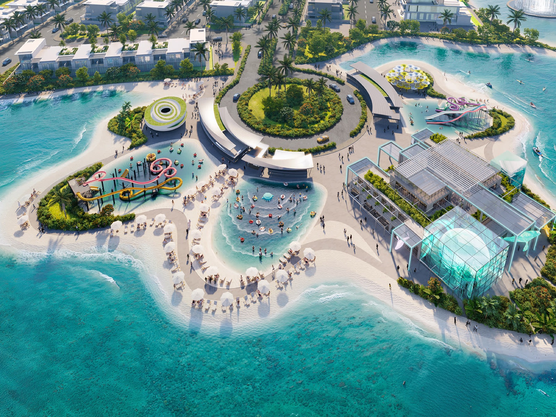Central island hub and clubhouse ringed by white-sand beach at DAMAC Islands