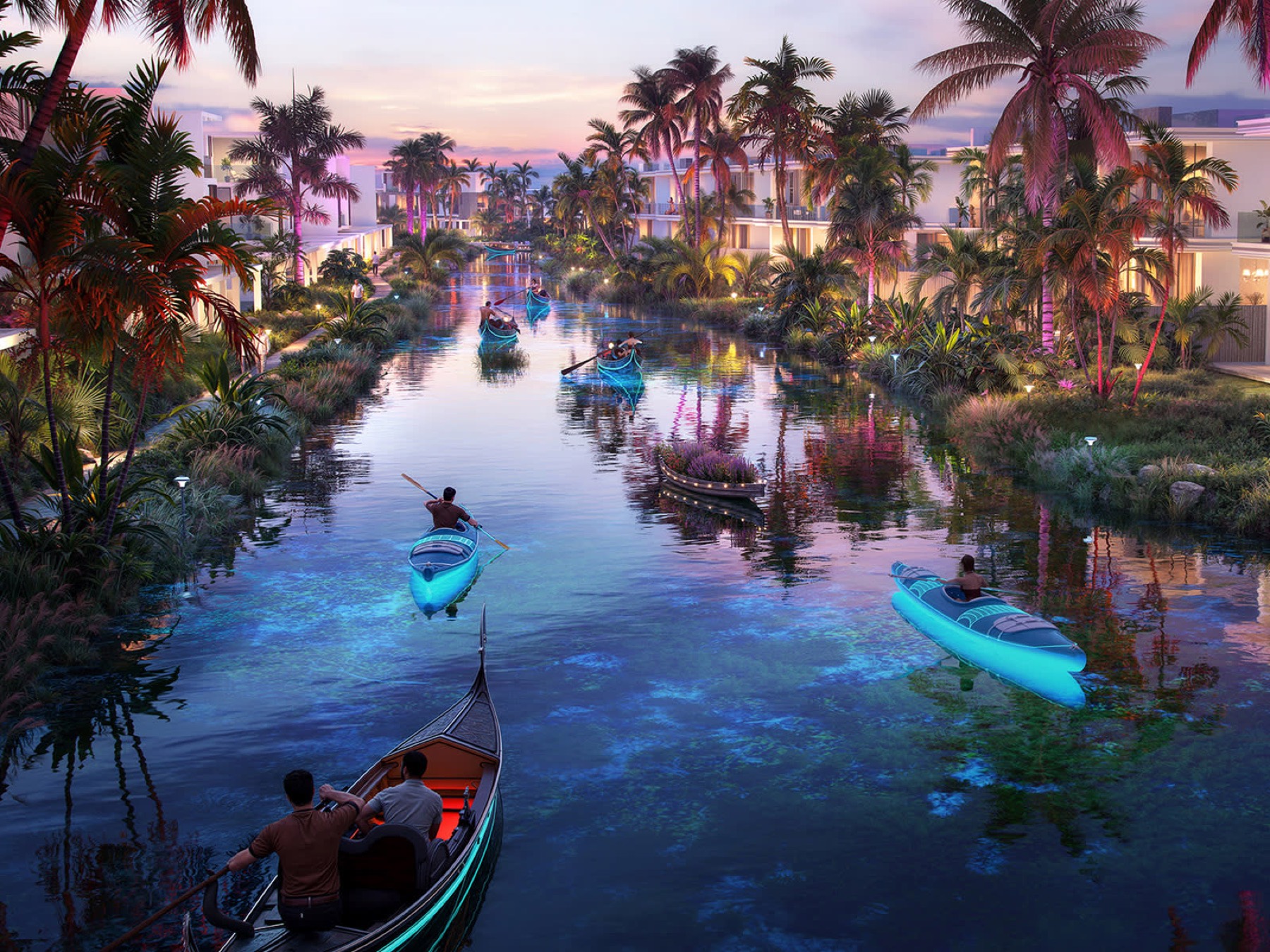 Jungle river with kayaks at dusk at DAMAC Islands