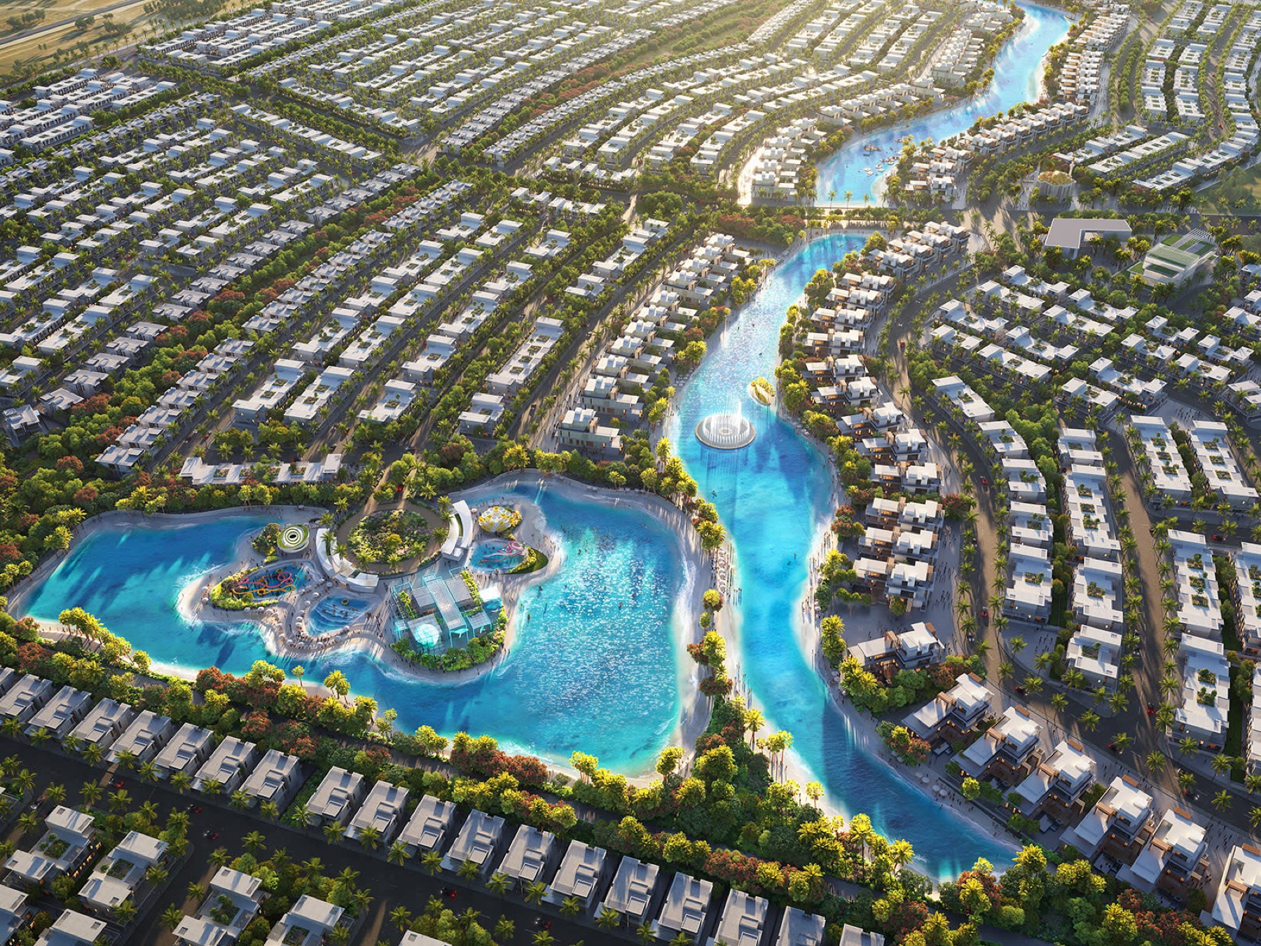 Aerial masterplan of DAMAC Islands with the lagoon spine winding through the villa clusters