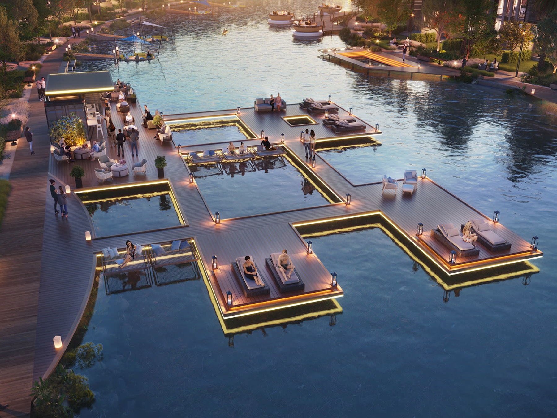 Floating water-platform daybeds over the lagoon at DAMAC Islands