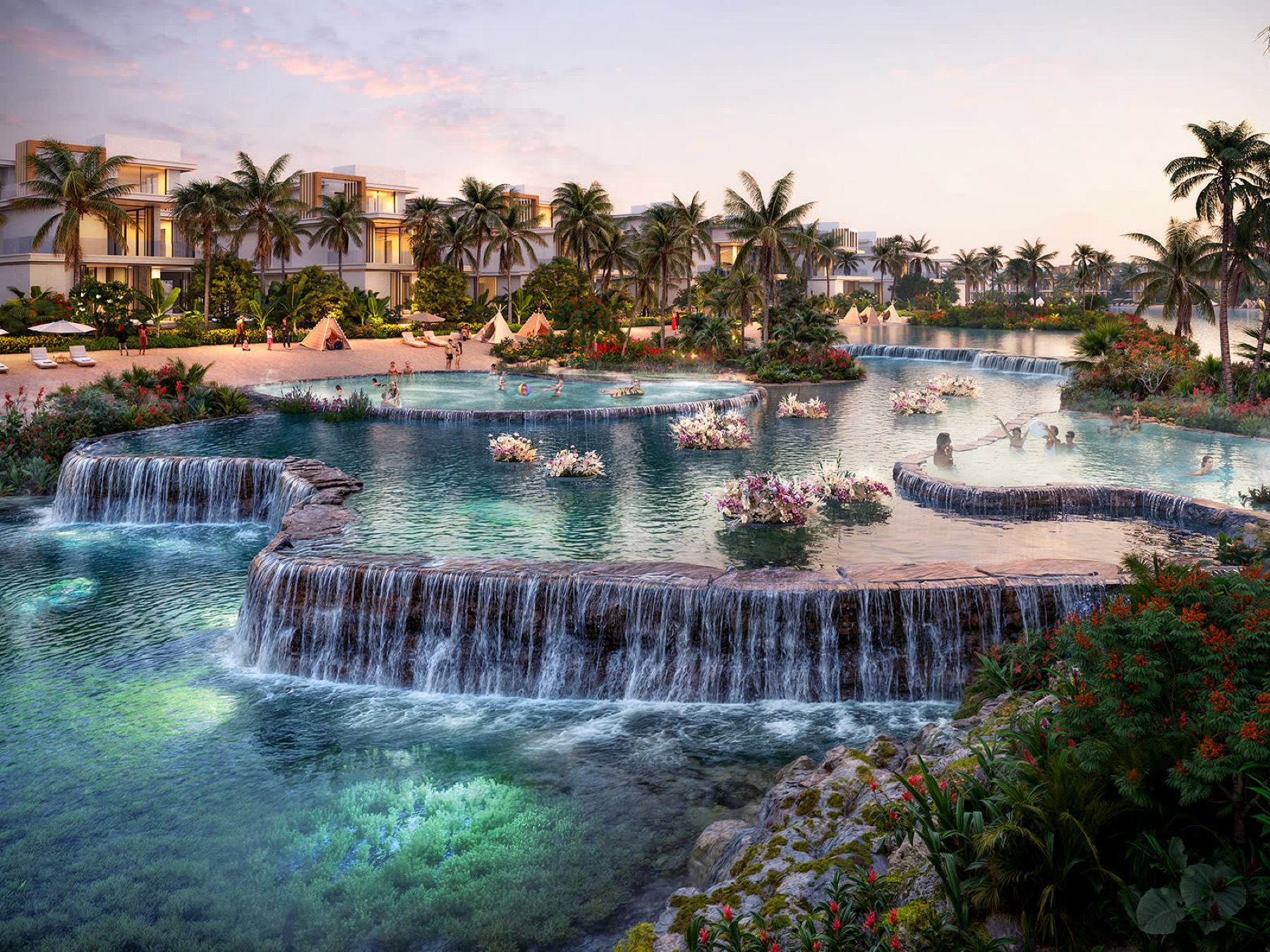 Lagoon waterfalls at golden hour at DAMAC Islands